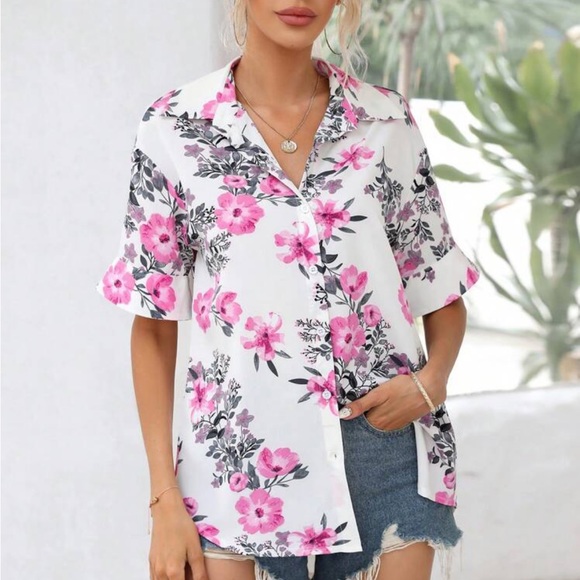 Boho floral print button up flounce sleeve blouse - Picture 2 of 5